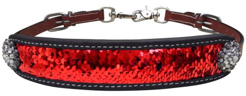 Showman Medium leather wither strap with red and gold sequins inlay
